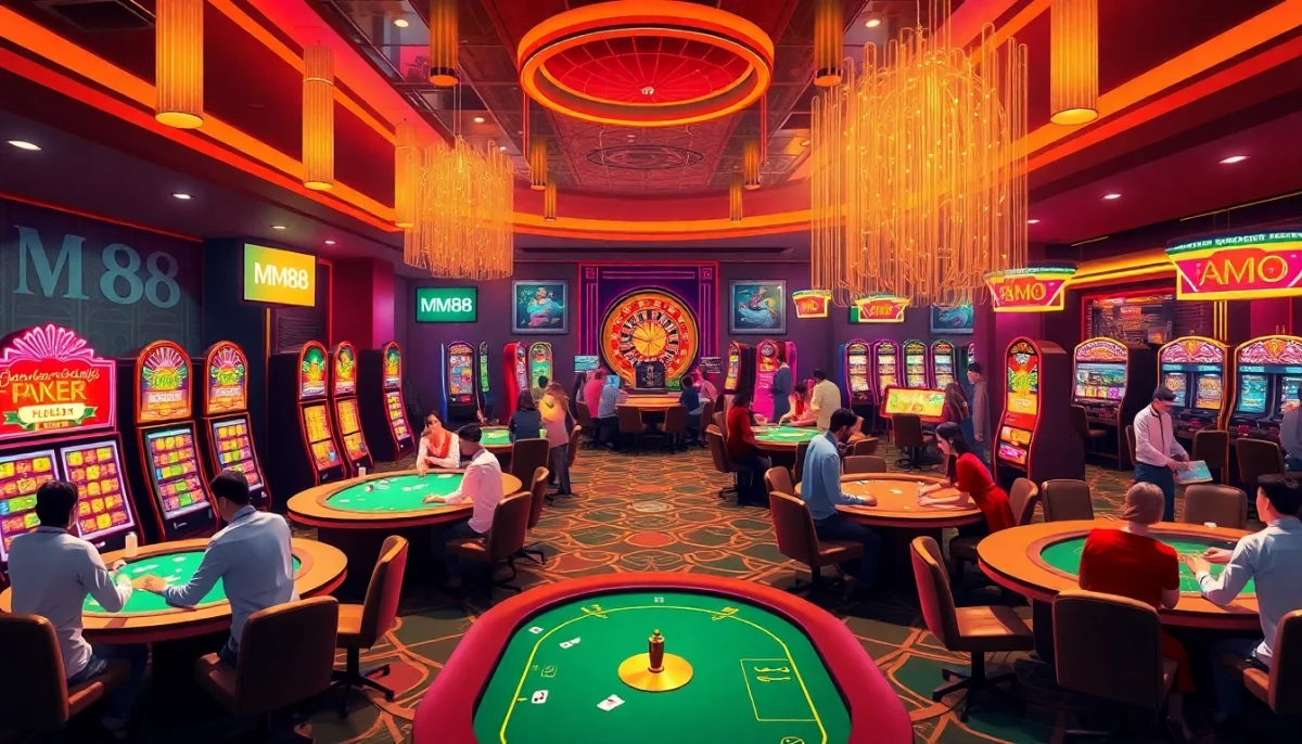 Experience the excitement of MM88 with players enjoying poker and slots in a lively casino atmosphere.
