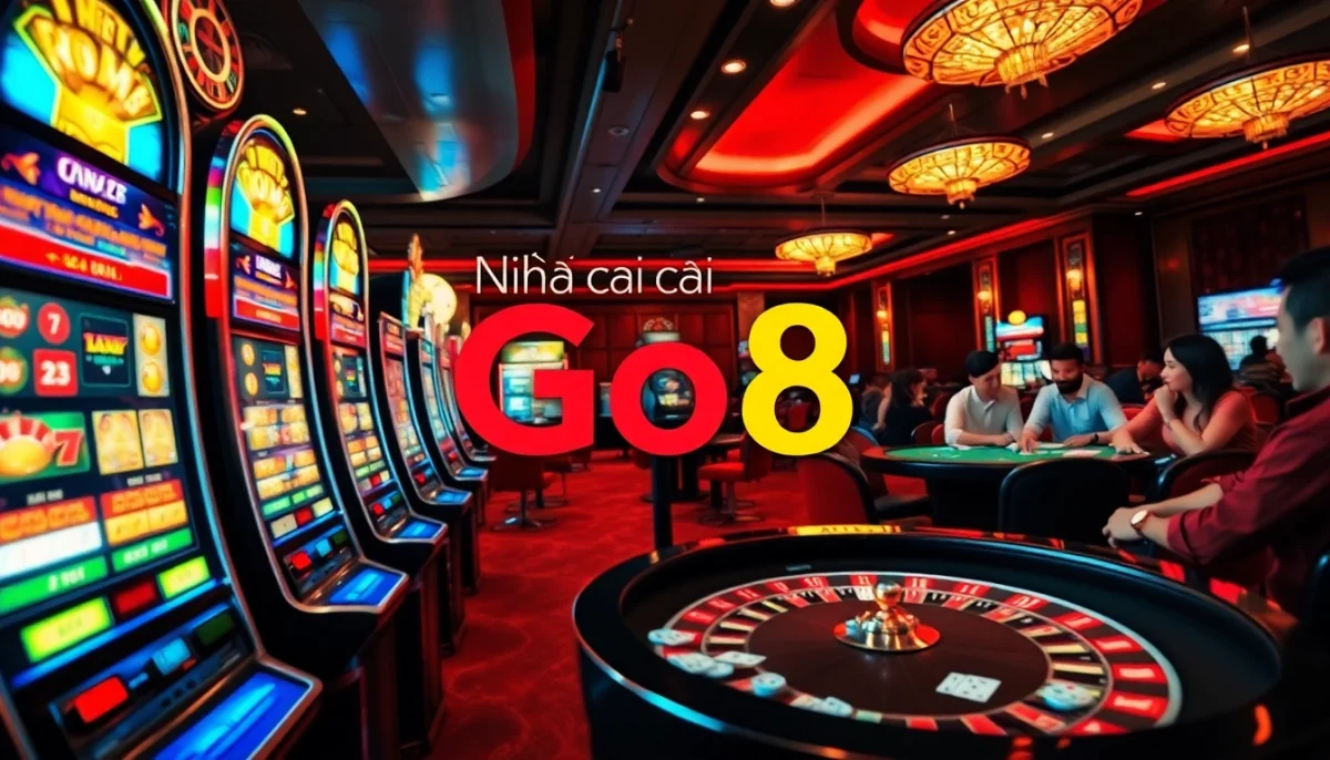 Discover the vibrant gaming experience at Nhà cái Go8 featuring lively poker players and elegant casino tables.