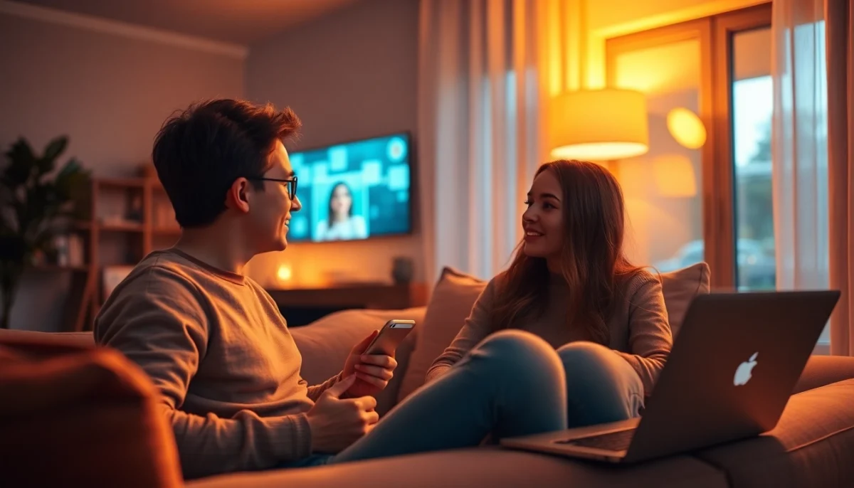 Engaging interaction in AI sexchat, showcasing modern technology in a cozy setting.