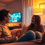Engaging interaction in AI sexchat, showcasing modern technology in a cozy setting.