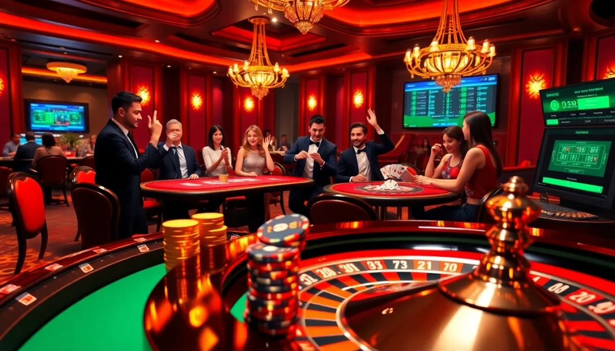 Experience the thrill of gaming at f8bet.com.co with dynamic casino tables and poker players engaged in a high-stakes atmosphere.