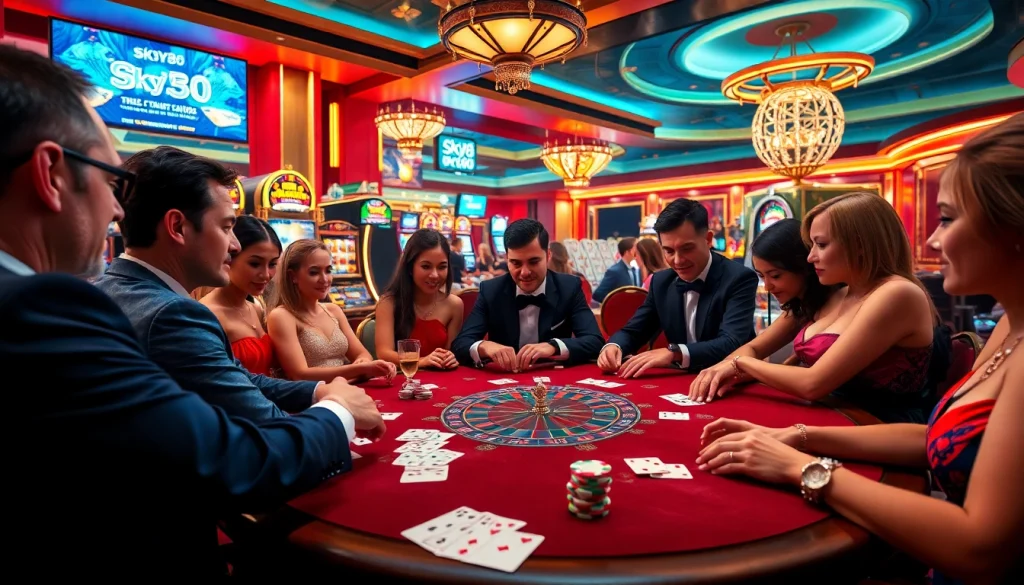 Experience the thrill of online gambling at https://sky88.builders/ with a lively poker game highlighting intense player focus.