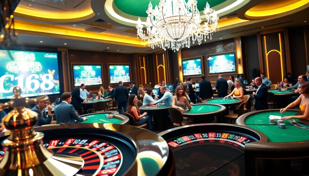 Experience the thrill of C168 as players strategize at vibrant casino tables with chips and cards.
