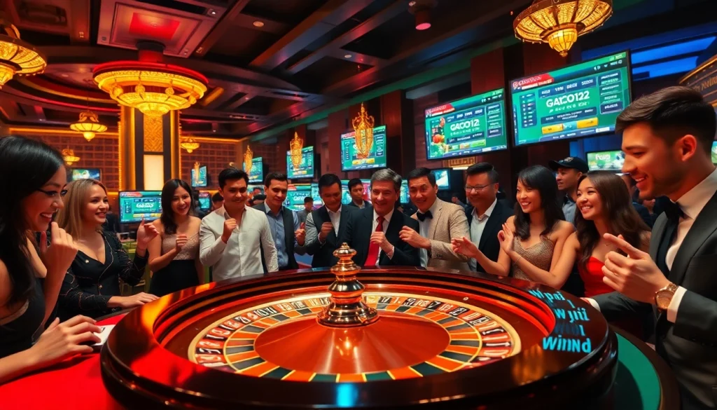 Experience gacor123 as players celebrate wins at a vibrant roulette table filled with colorful chips.